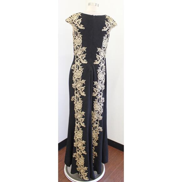 Tadashi Shoji Black Gold Crepe Sequin Embellished Formal Gown Evening Dress 12 - Picture 7 of 8